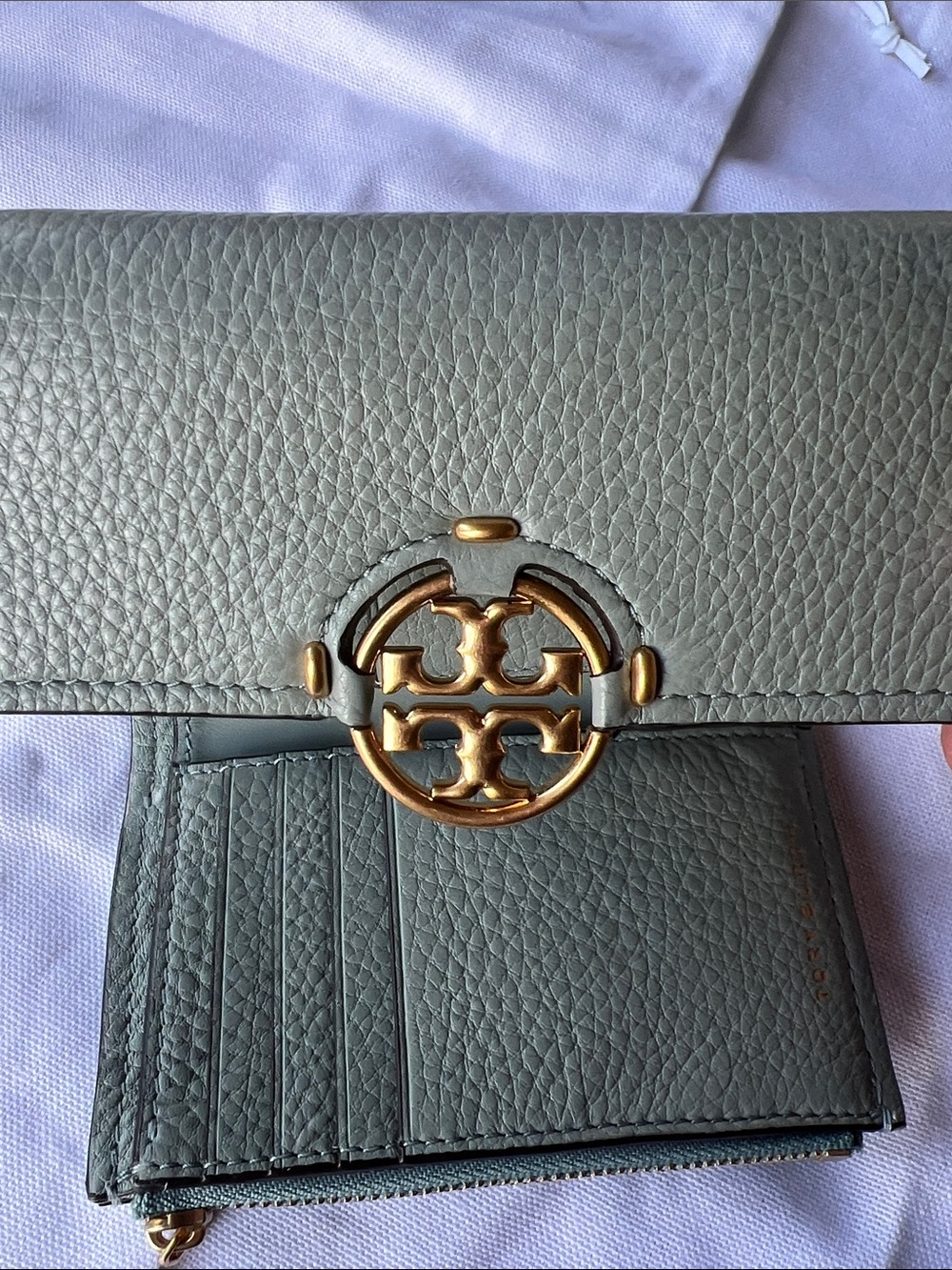 Tory Burch Pebbled Leather Miller Medium Flap Wallet in Blue Celadon - Picture 3 of 11